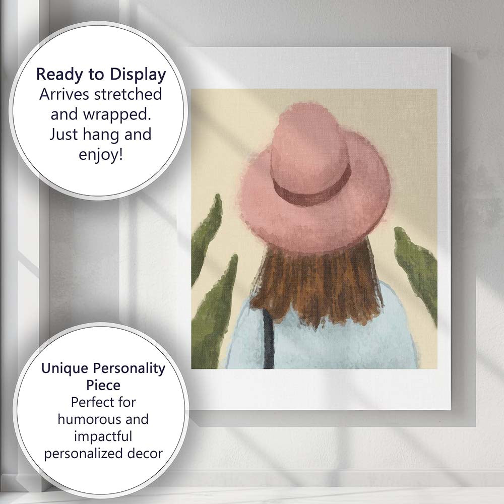 Soft Watercolour Woman In Pink Sun Hat Portrait Canvas Wall Art Print Decor Picture Ready to Hang