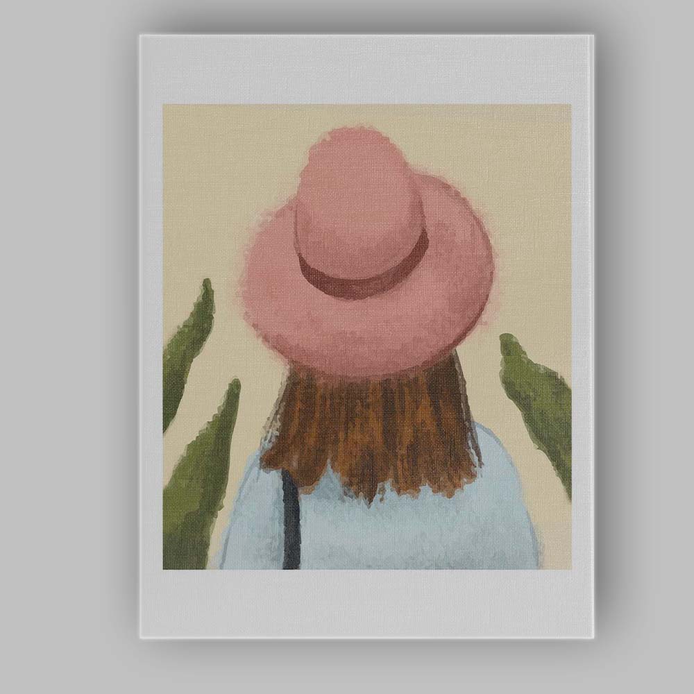 Soft Watercolour Woman In Pink Sun Hat Portrait Canvas Wall Art Print Decor Picture Ready to Hang