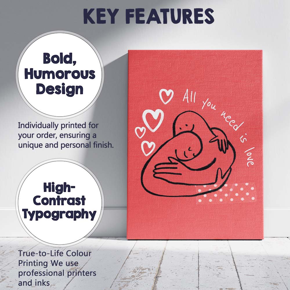 Cute All You Need Is Love Hug Illustration Canvas Wall Art Print Decor Picture Ready to Hang