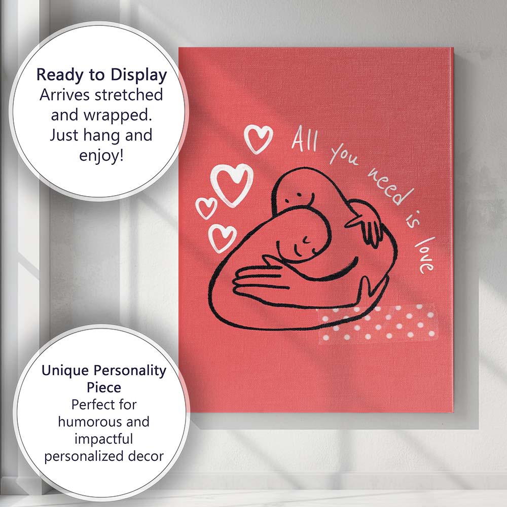 Cute All You Need Is Love Hug Illustration Canvas Wall Art Print Decor Picture Ready to Hang