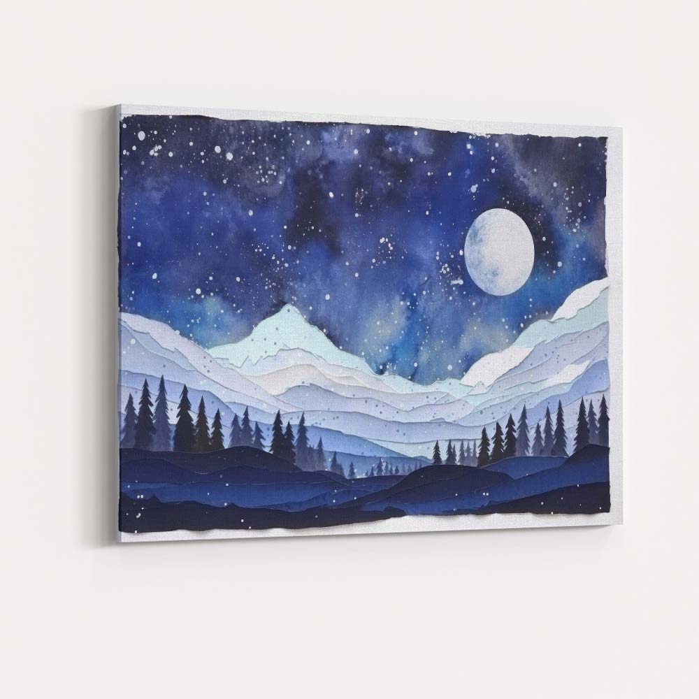 Moonlit Snowy Mountain Landscape Watercolour Night Sky Canvas Wall Art Print Decor Picture Ready to Hang