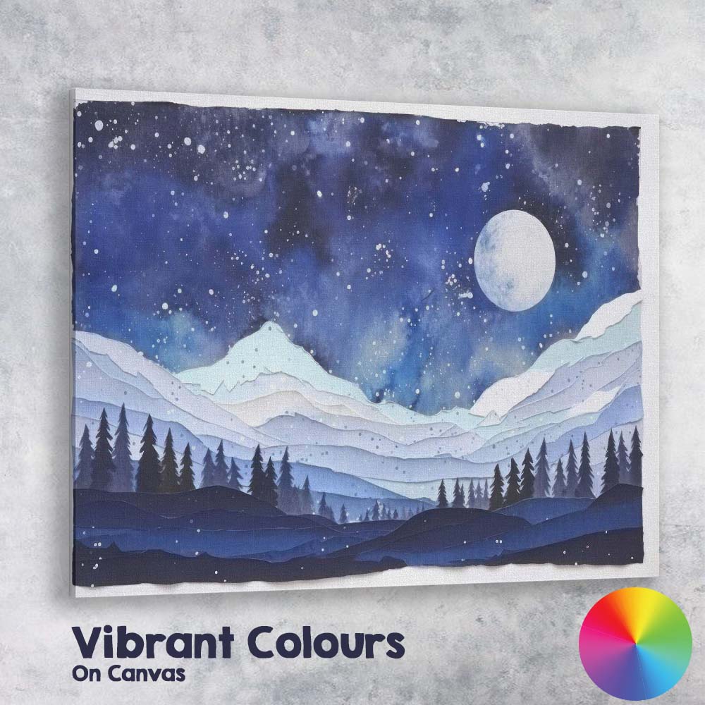 Moonlit Snowy Mountain Landscape Watercolour Night Sky Canvas Wall Art Print Decor Picture Ready to Hang