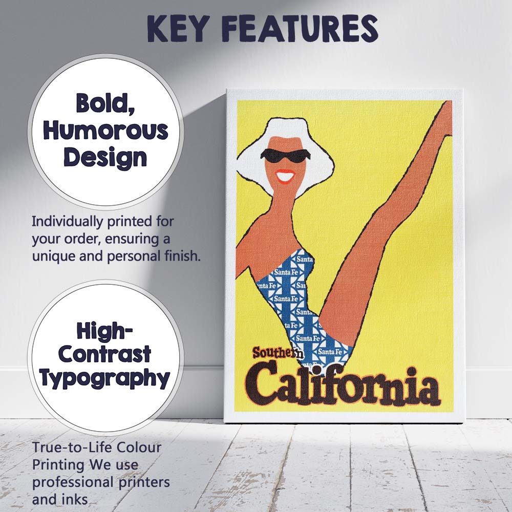Retro Southern California Travel Poster Fashion Illustration Canvas Wall Art Print Decor Picture Ready to Hang