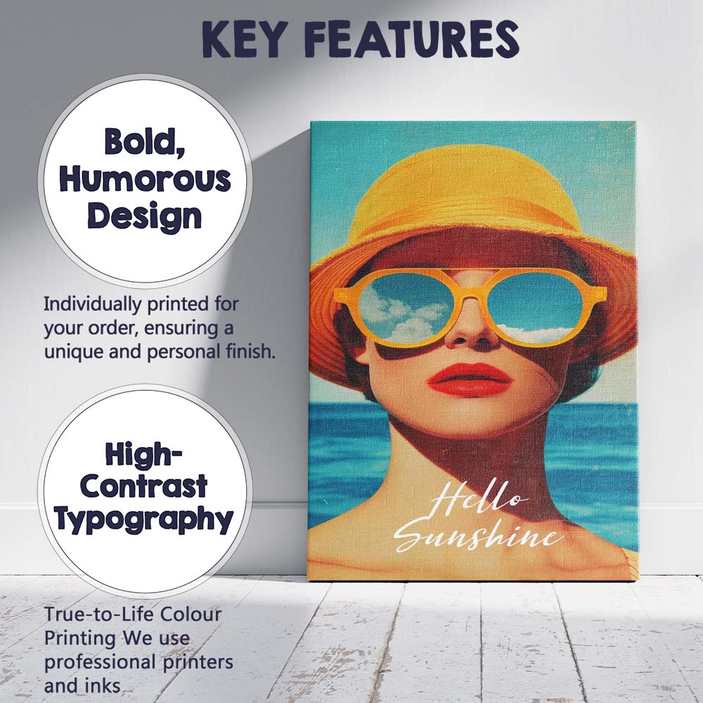 Retro Summer Beach Woman Yellow Hat Sunglasses Hello Sunshine Canvas Wall Art Print Decor Picture Ready to Hang