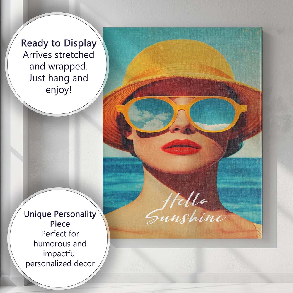 Retro Summer Beach Woman Yellow Hat Sunglasses Hello Sunshine Canvas Wall Art Print Decor Picture Ready to Hang