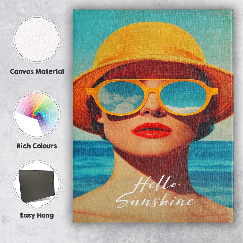 Retro Summer Beach Woman Yellow Hat Sunglasses Hello Sunshine Canvas Wall Art Print Decor Picture Ready to Hang