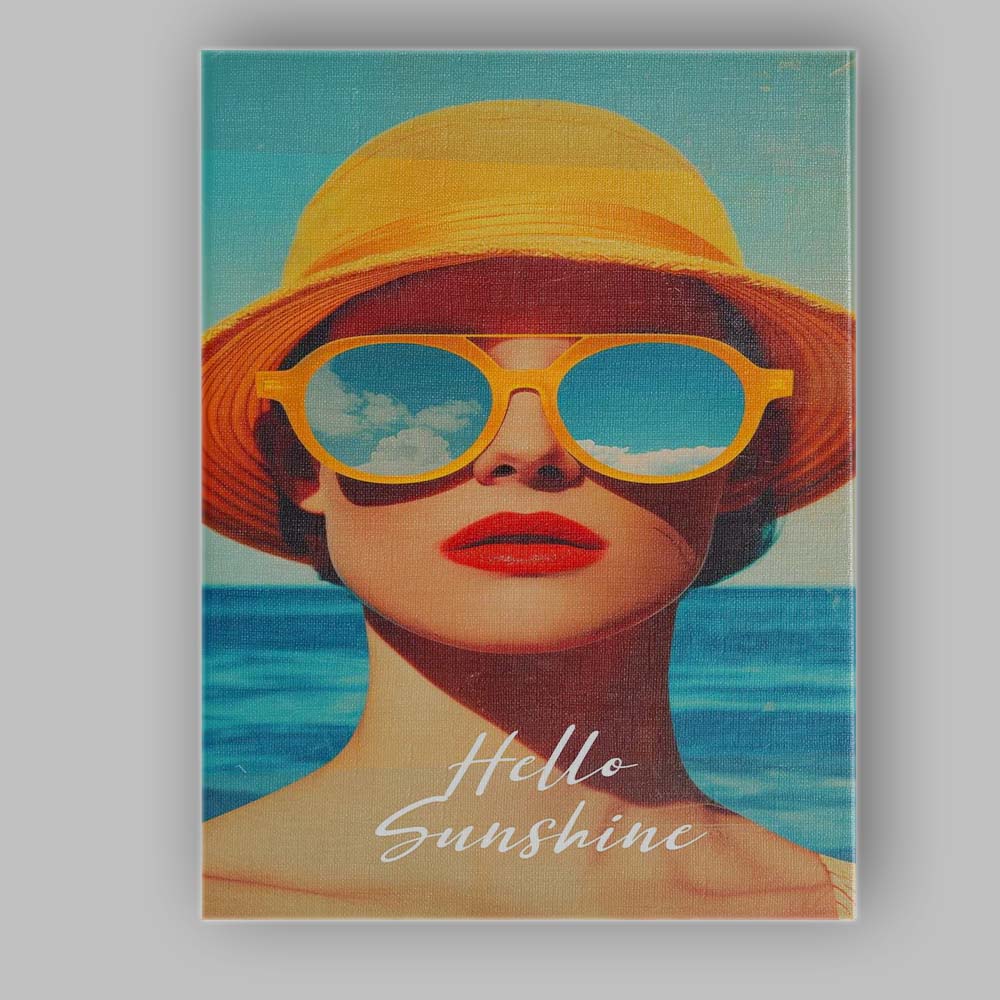 Retro Summer Beach Woman Yellow Hat Sunglasses Hello Sunshine Canvas Wall Art Print Decor Picture Ready to Hang