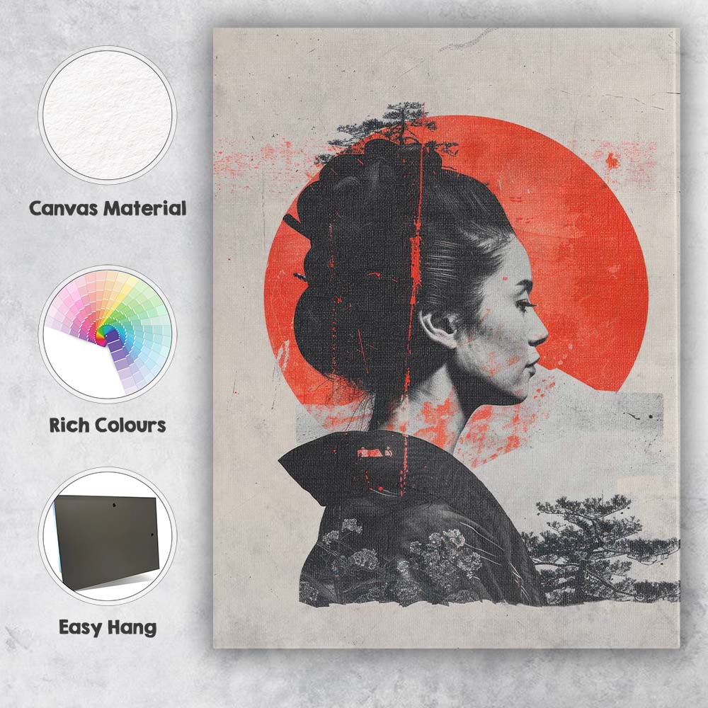 Japanese Geisha Red Sun Minimalist Portrait Canvas Wall Art Print Decor Picture Ready to Hang