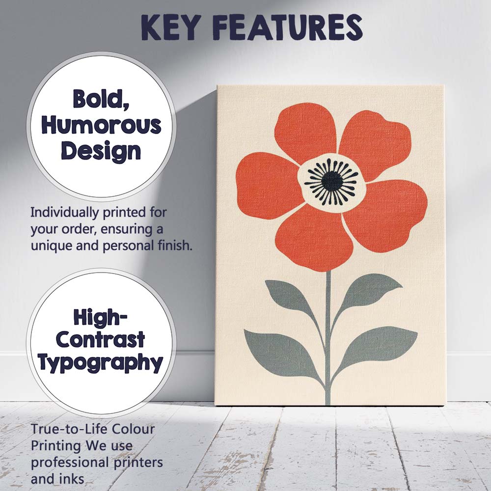 Scandinavian Orange Poppy Flower Minimalist Botanical Illustration Canvas Wall Art Print Decor Picture Ready to Hang
