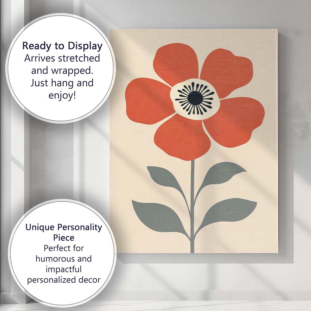 Scandinavian Orange Poppy Flower Minimalist Botanical Illustration Canvas Wall Art Print Decor Picture Ready to Hang