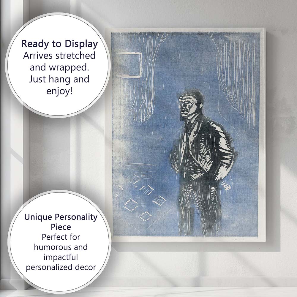 Blue Expressionist Solitary Figure Woodcut Style Portrait Canvas Wall Art Print Decor Picture Ready to Hang