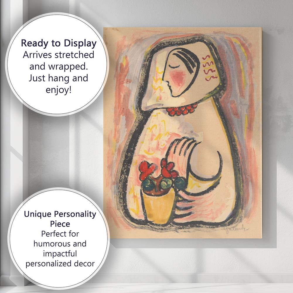 Abstract Female Portrait With Flower Pot Expressionist Painting Canvas Wall Art Print Decor Picture Ready to Hang
