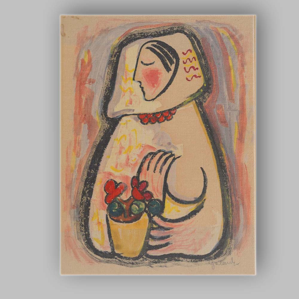Abstract Female Portrait With Flower Pot Expressionist Painting Canvas Wall Art Print Decor Picture Ready to Hang