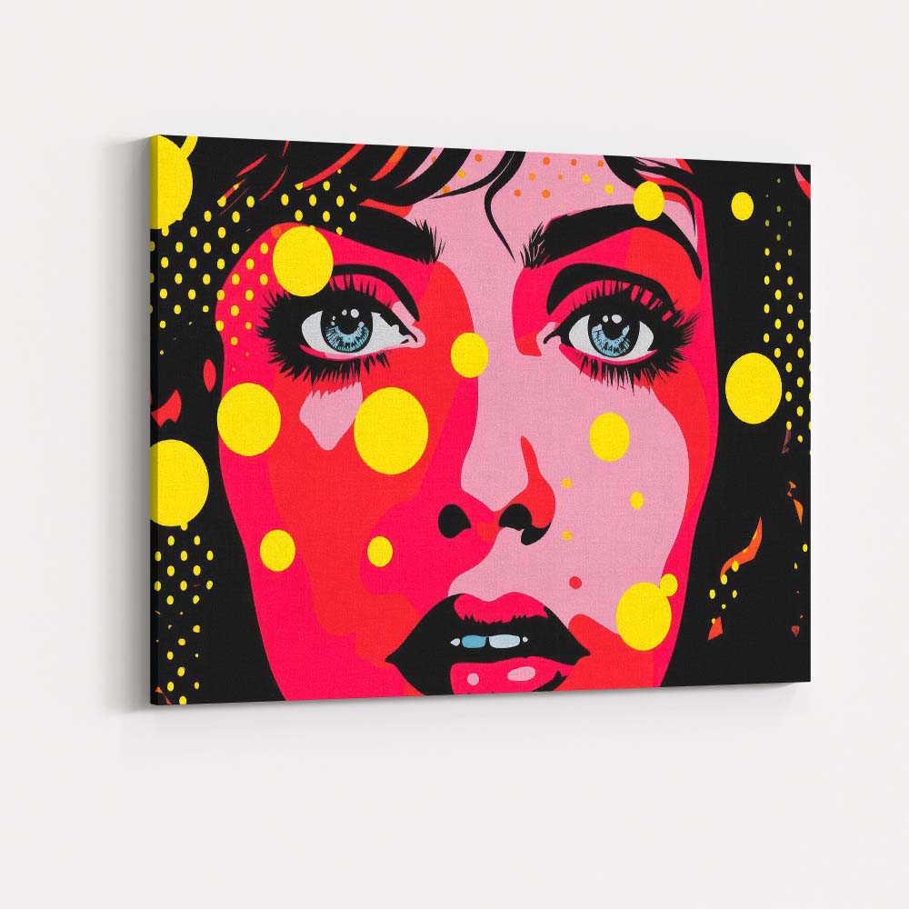 Vibrant Pop Art Female Portrait Yellow Polka Dot Illustration Canvas Wall Art Print Decor Picture Ready to Hang