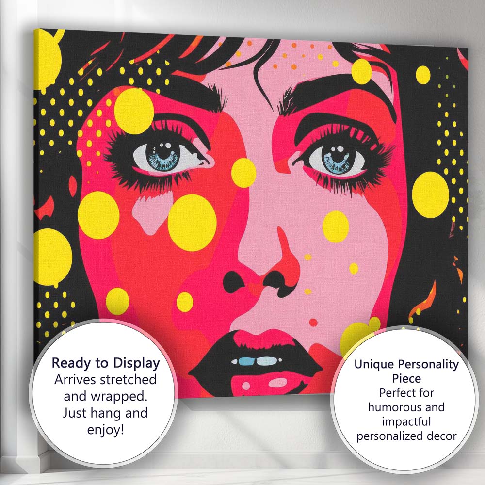 Vibrant Pop Art Female Portrait Yellow Polka Dot Illustration Canvas Wall Art Print Decor Picture Ready to Hang