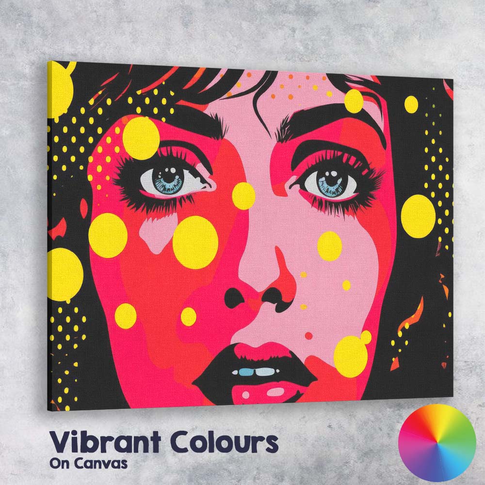 Vibrant Pop Art Female Portrait Yellow Polka Dot Illustration Canvas Wall Art Print Decor Picture Ready to Hang