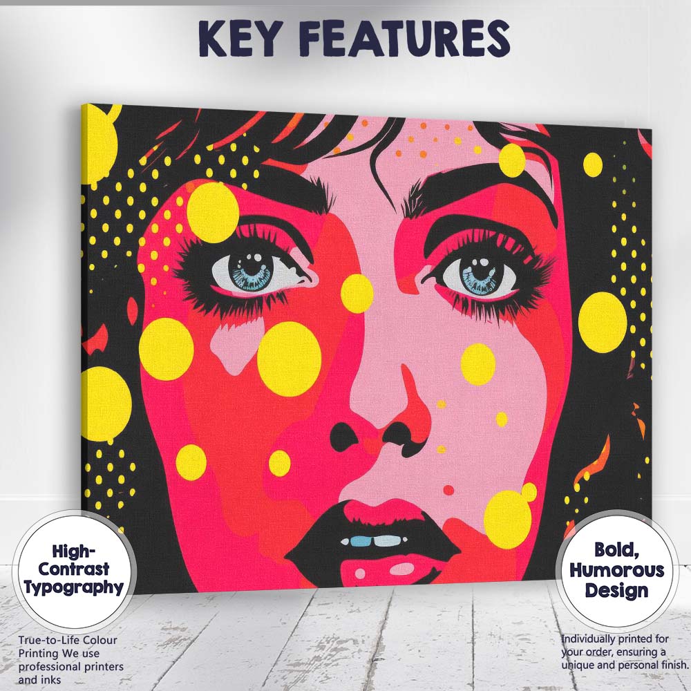 Vibrant Pop Art Female Portrait Yellow Polka Dot Illustration Canvas Wall Art Print Decor Picture Ready to Hang