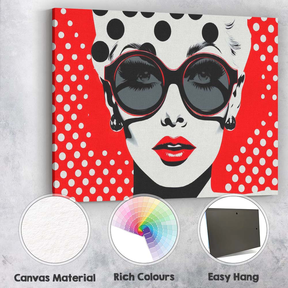 Retro Fashion Woman In Sunglasses Red Polka Dot Pop Art Canvas Wall Art Print Decor Picture Ready to Hang