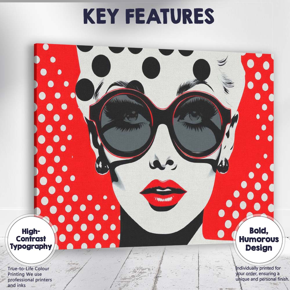 Retro Fashion Woman In Sunglasses Red Polka Dot Pop Art Canvas Wall Art Print Decor Picture Ready to Hang