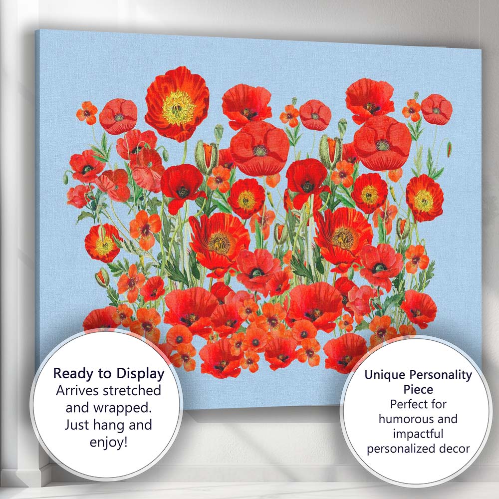 Vibrant Red Poppy Wildflower Botanical Garden Illustration Canvas Wall Art Print Decor Picture Ready to Hang