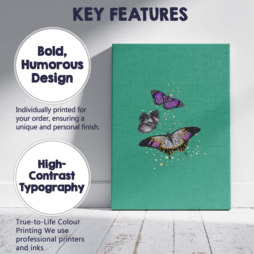 Minimal Teal Background Purple Butterflies With Gold Glitter Illustration Canvas Wall Art Print Decor Picture Ready to Hang
