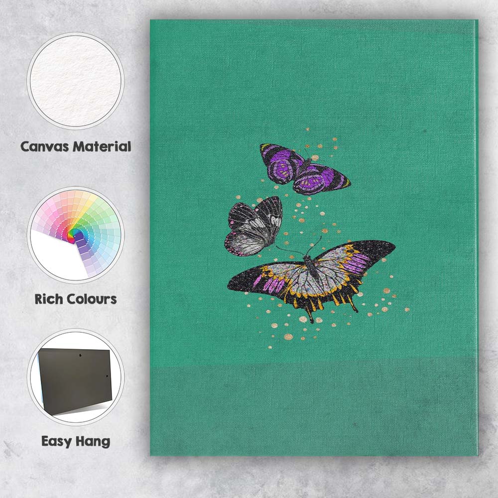Minimal Teal Background Purple Butterflies With Gold Glitter Illustration Canvas Wall Art Print Decor Picture Ready to Hang
