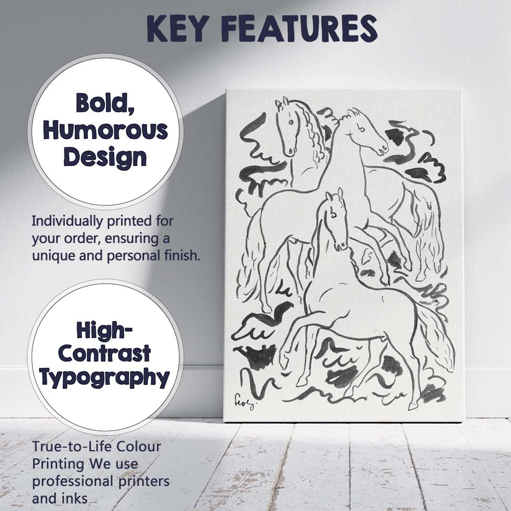 Minimalist Monochrome Running Horses Expressive Line Drawing Canvas Wall Art Print Decor Picture Ready to Hang