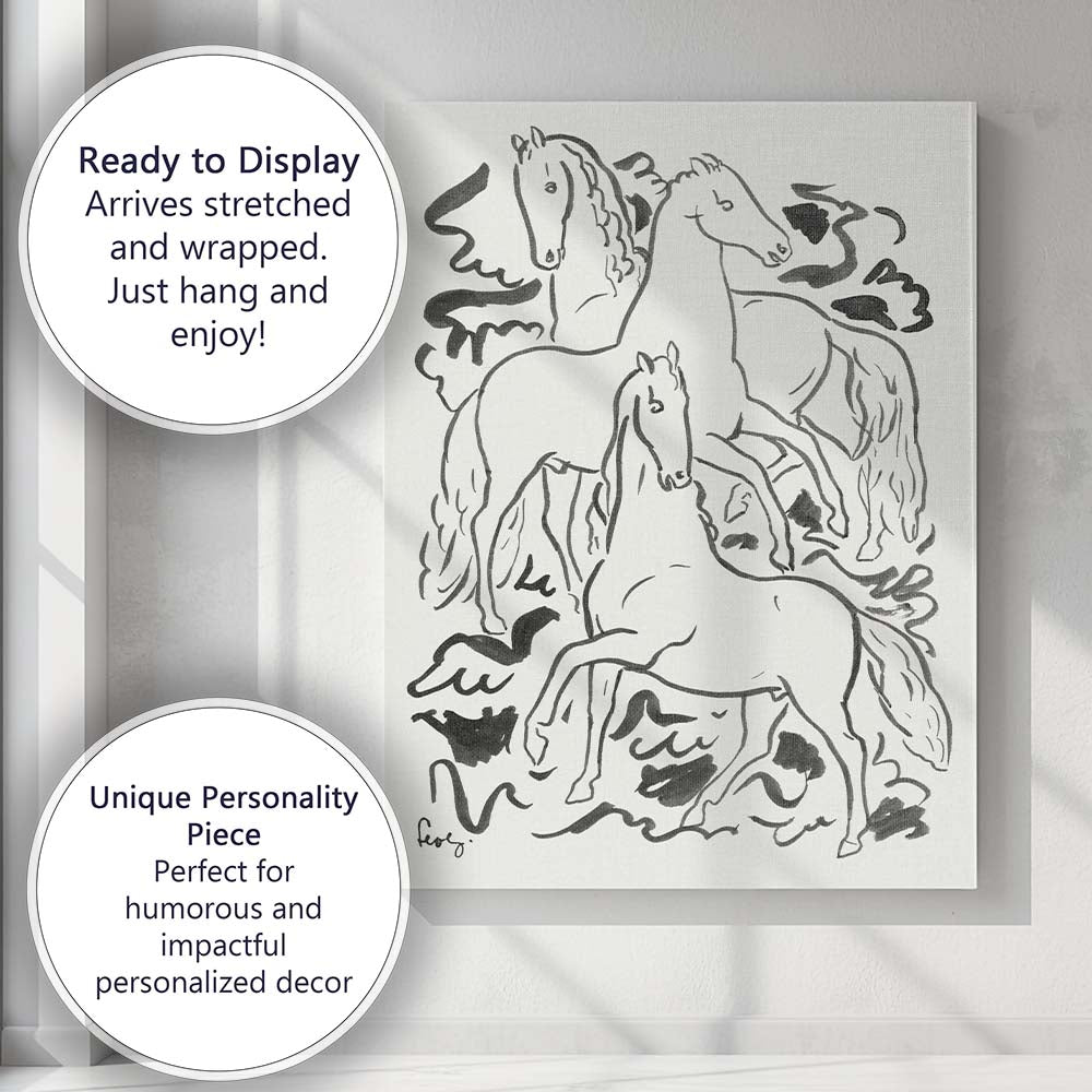 Minimalist Monochrome Running Horses Expressive Line Drawing Canvas Wall Art Print Decor Picture Ready to Hang