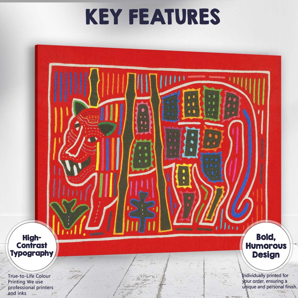 Vibrant Folk Art Red Leopard Abstract Tribal Animal Illustration Canvas Wall Art Print Decor Picture Ready to Hang