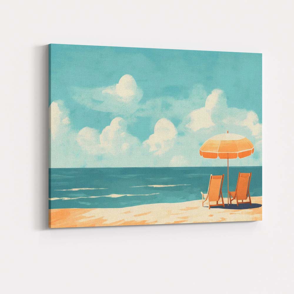 Minimalist Coastal Beach Umbrella Deck Chairs Seascape Canvas Wall Art Print Decor Picture Ready to Hang