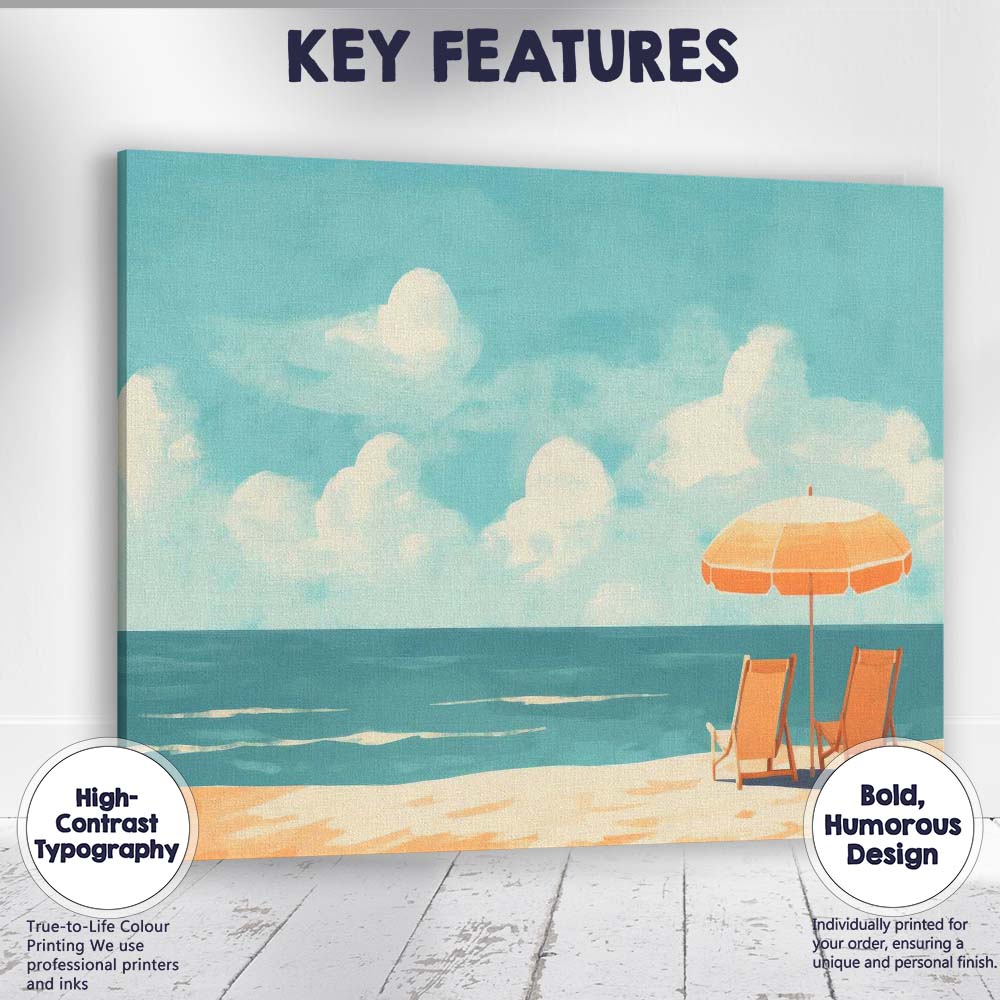 Minimalist Coastal Beach Umbrella Deck Chairs Seascape Canvas Wall Art Print Decor Picture Ready to Hang