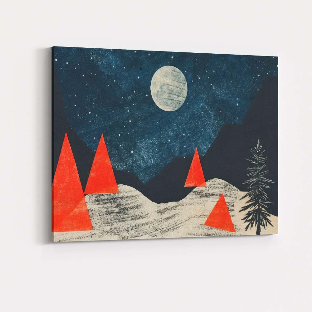 Abstract Moonlit Winter Landscape Red Geometric Trees Canvas Wall Art Print Decor Picture Ready to Hang