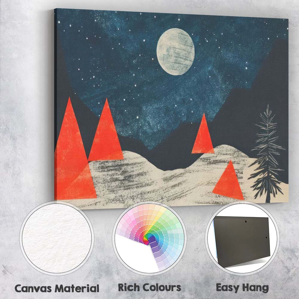 Abstract Moonlit Winter Landscape Red Geometric Trees Canvas Wall Art Print Decor Picture Ready to Hang