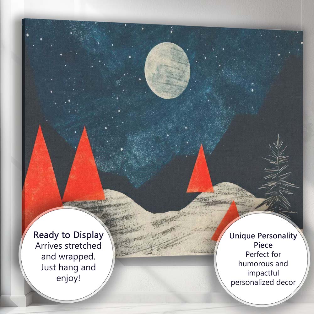 Abstract Moonlit Winter Landscape Red Geometric Trees Canvas Wall Art Print Decor Picture Ready to Hang