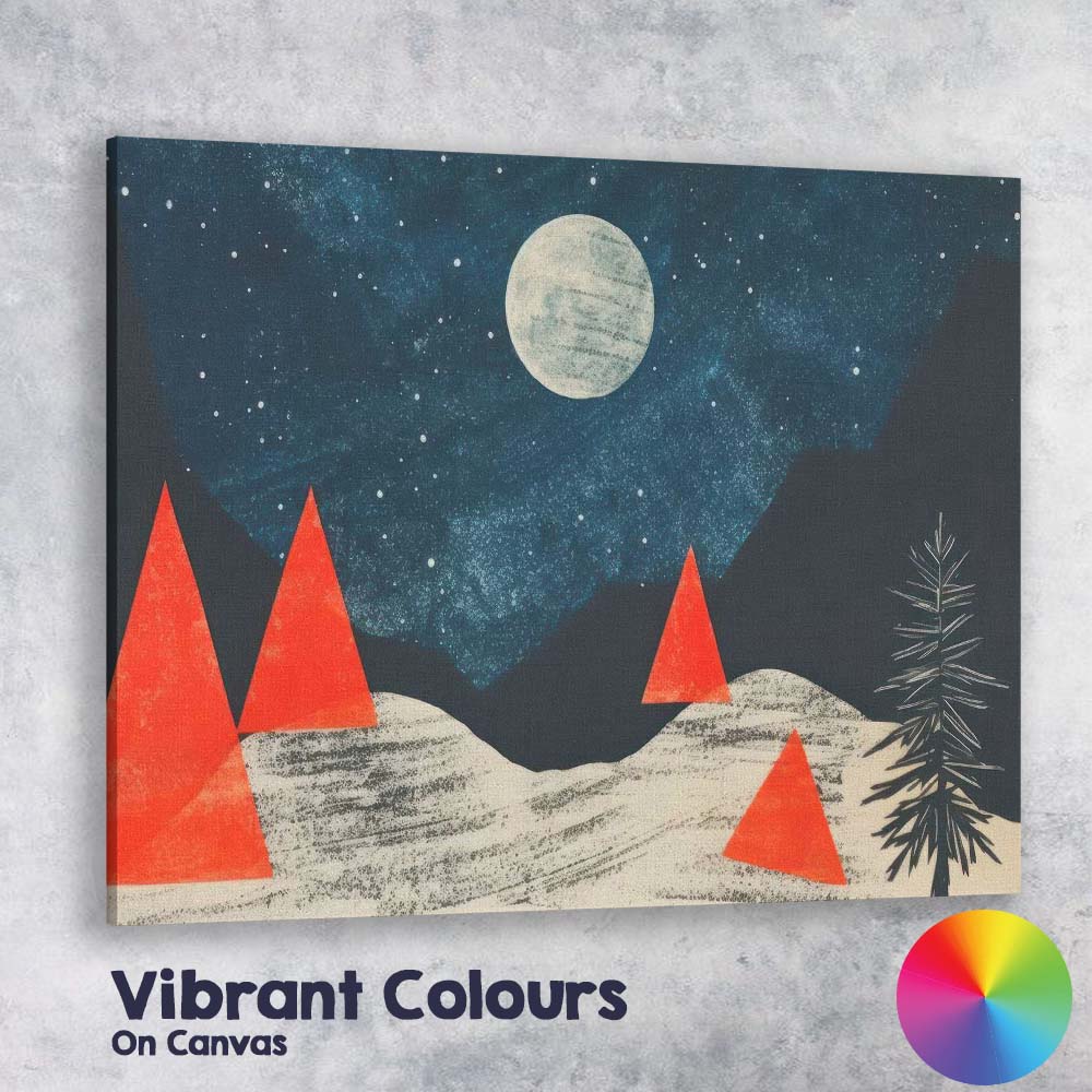 Abstract Moonlit Winter Landscape Red Geometric Trees Canvas Wall Art Print Decor Picture Ready to Hang