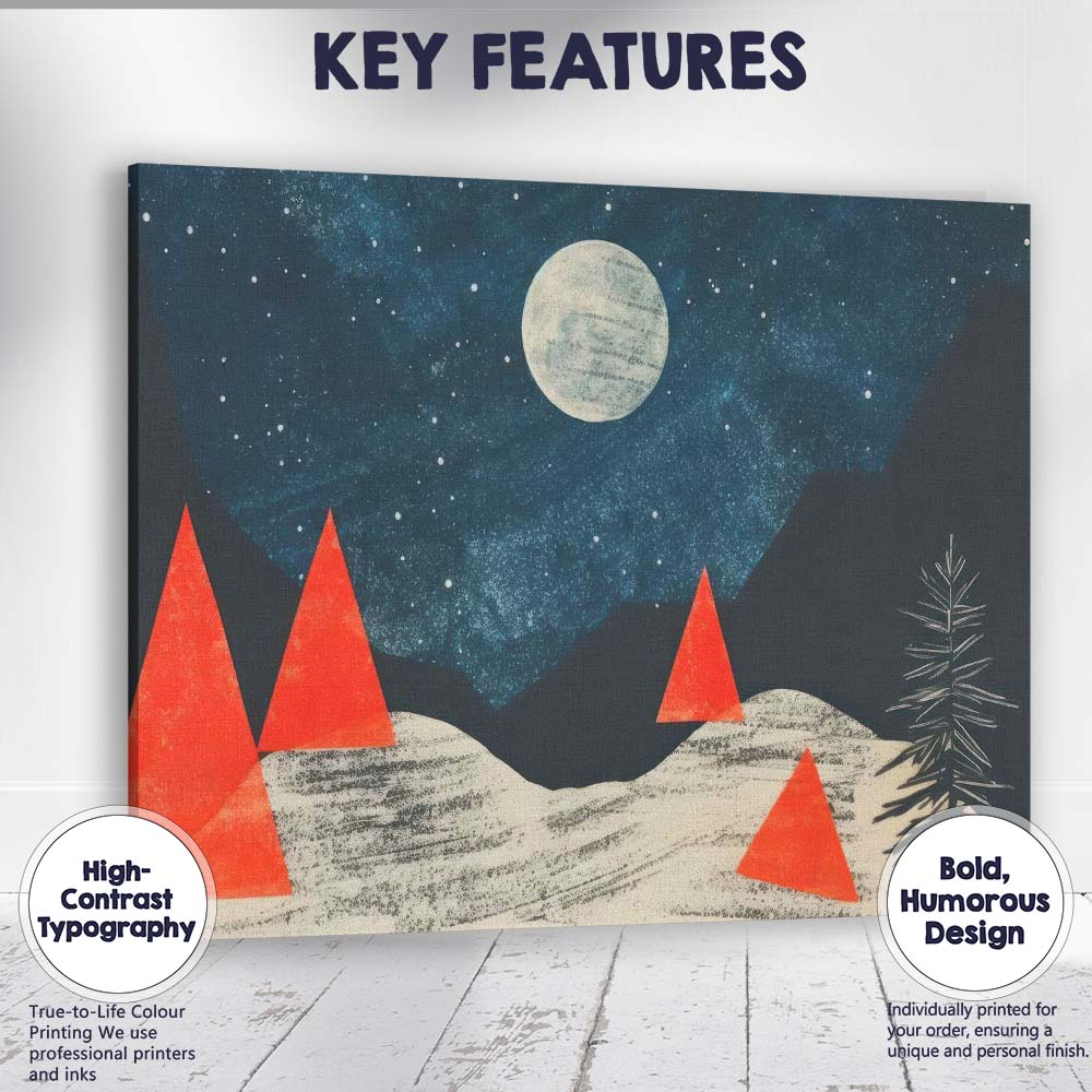 Abstract Moonlit Winter Landscape Red Geometric Trees Canvas Wall Art Print Decor Picture Ready to Hang