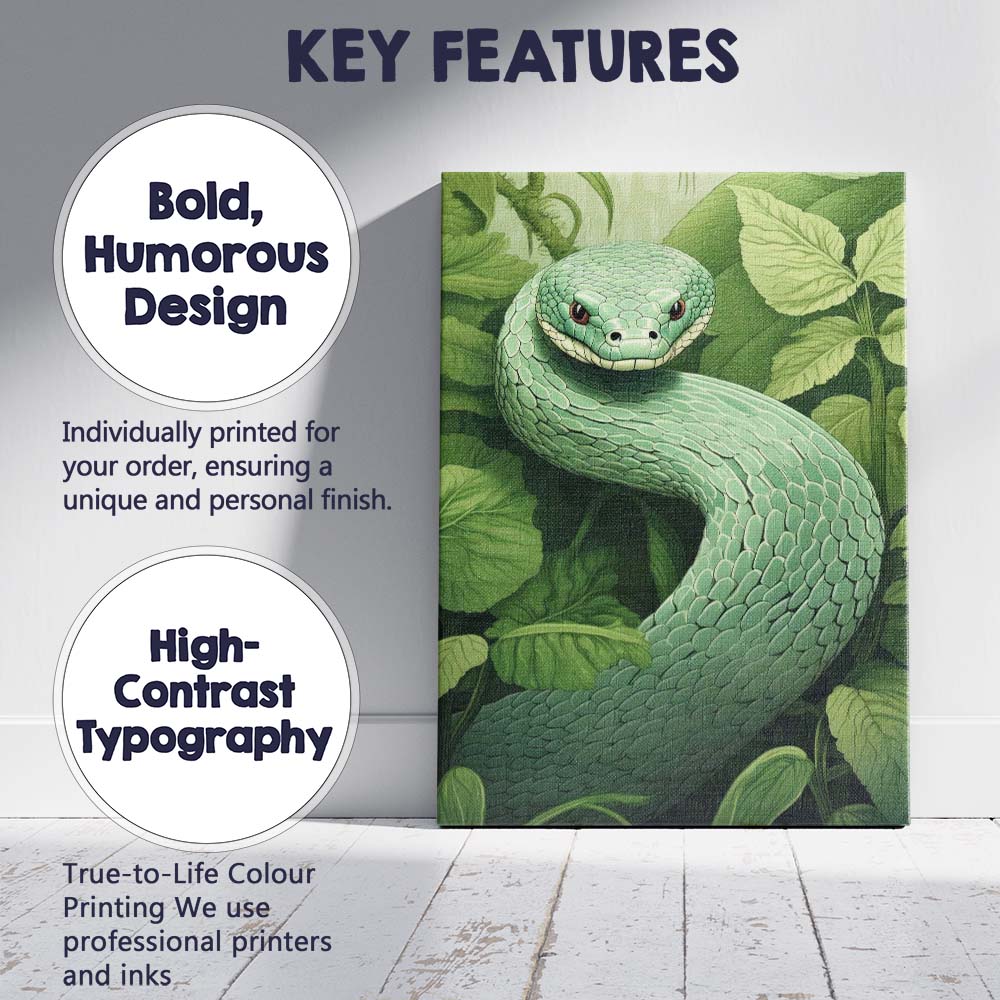 Emerald Green Snake Jungle Wildlife Botanical Illustration Canvas Wall Art Print Decor Picture Ready to Hang