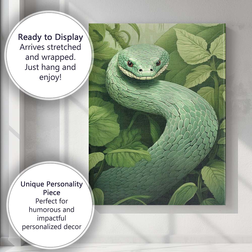 Emerald Green Snake Jungle Wildlife Botanical Illustration Canvas Wall Art Print Decor Picture Ready to Hang