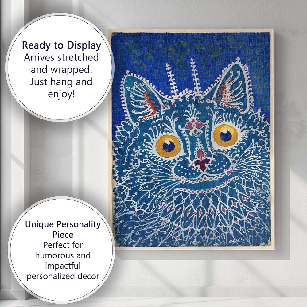 Blue Folk Art Decorative Cat Portrait Illustration Canvas Wall Art Print Decor Picture Ready to Hang