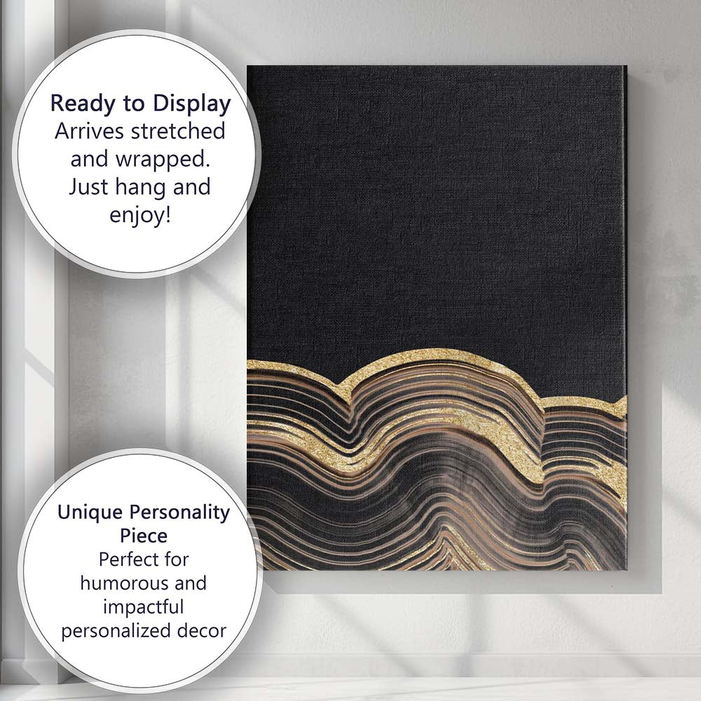 Abstract Black Gold Metallic Layered Wave Pattern Canvas Wall Art Print Decor Picture Ready to Hang