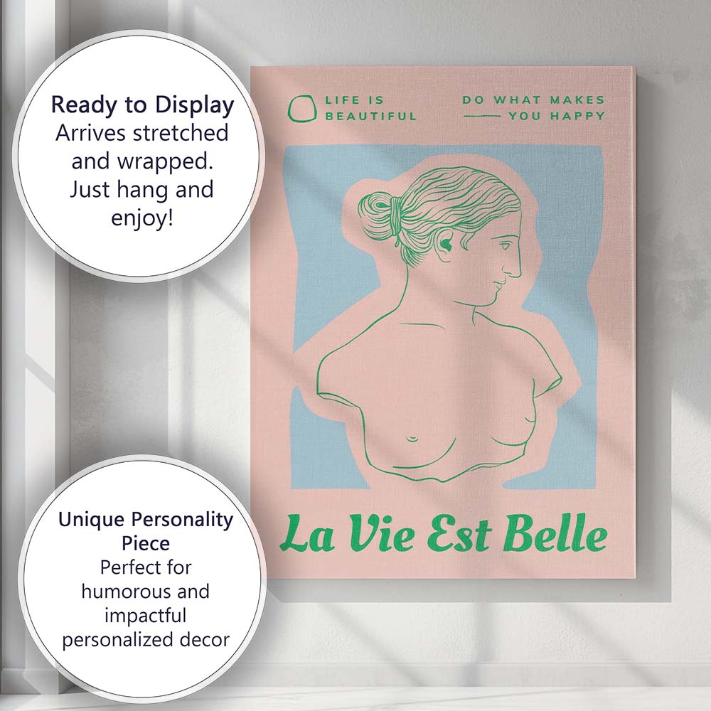 Pastel Pink La Vie Est Belle Classical Female Bust Typography Canvas Wall Art Print Decor Picture Ready to Hang