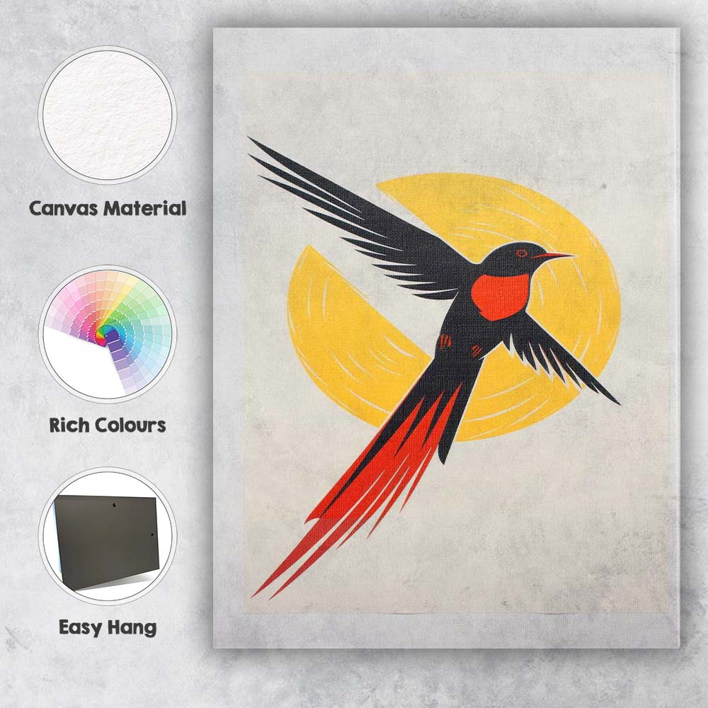 Minimalist Black and Red Swallow Bird Sun Graphic Canvas Wall Art Print Decor Picture Ready to Hang