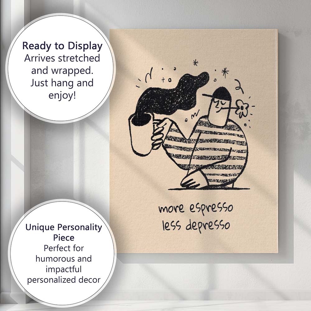Cute Minimalist More Espresso Less Depresso Coffee Quote Illustration Canvas Wall Art Print Decor Picture Ready to Hang