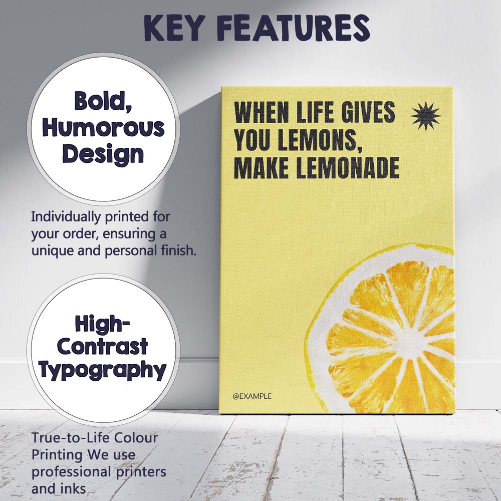 Yellow Lemonade Motivational Quote Citrus Typography Canvas Wall Art Print Decor Picture Ready to Hang