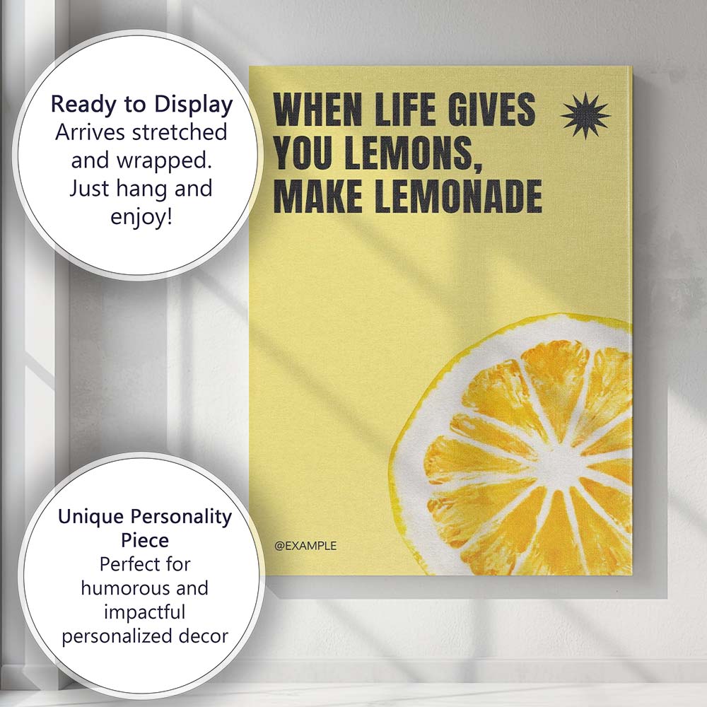 Yellow Lemonade Motivational Quote Citrus Typography Canvas Wall Art Print Decor Picture Ready to Hang