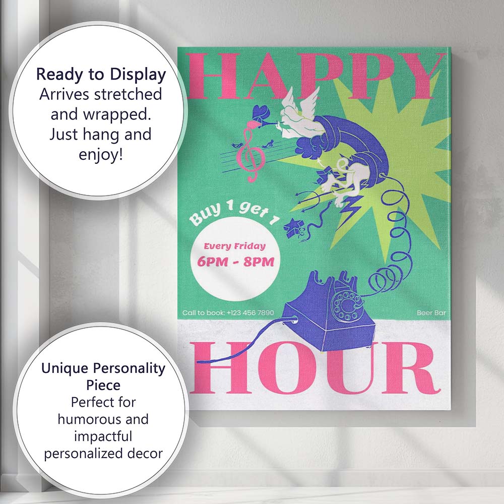 Colourful Retro Happy Hour Cocktail Bar Poster Canvas Wall Art Print Decor Picture Ready to Hang