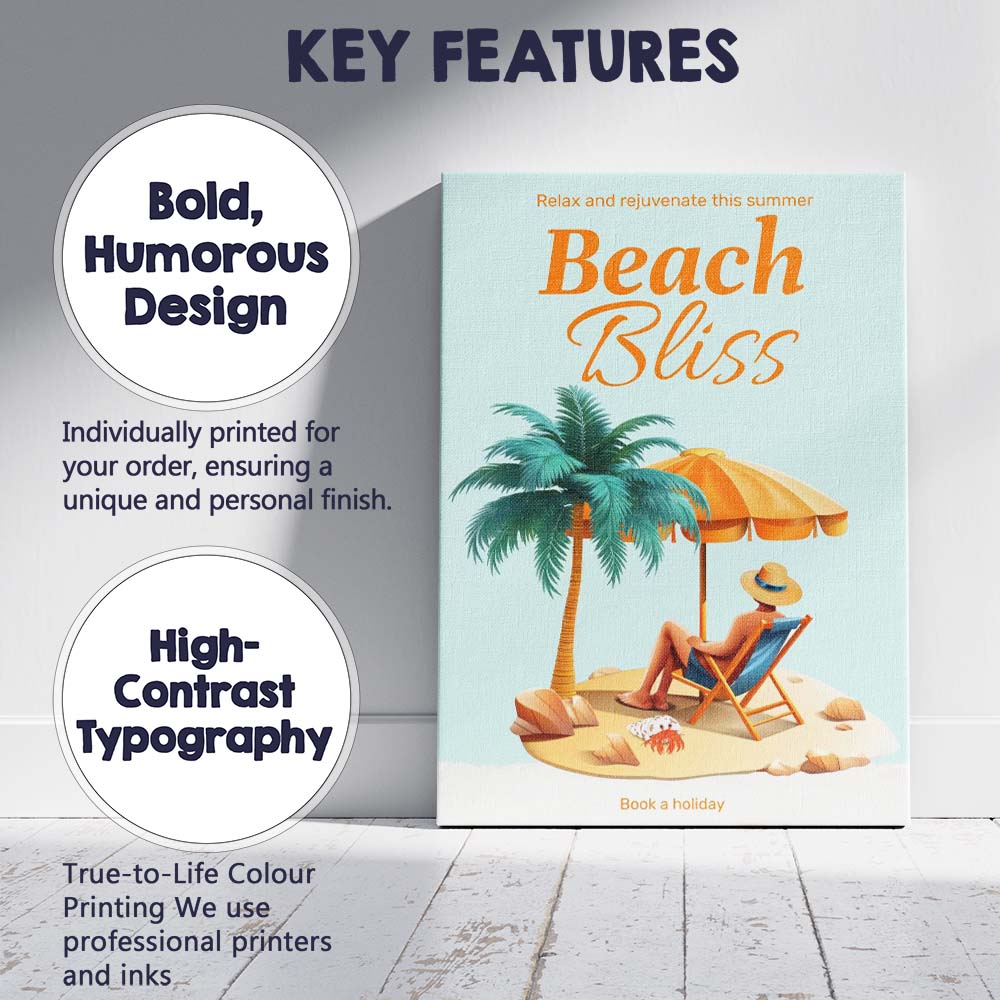 Tropical Beach Bliss Summer Holiday Illustration Canvas Wall Art Print Decor Picture Ready to Hang