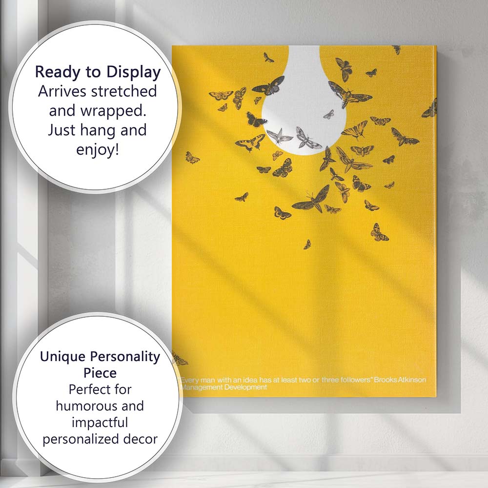 Abstract Yellow Butterfly Swarm Light Bulb Conceptual Nature Canvas Wall Art Print Decor Picture Ready to Hang