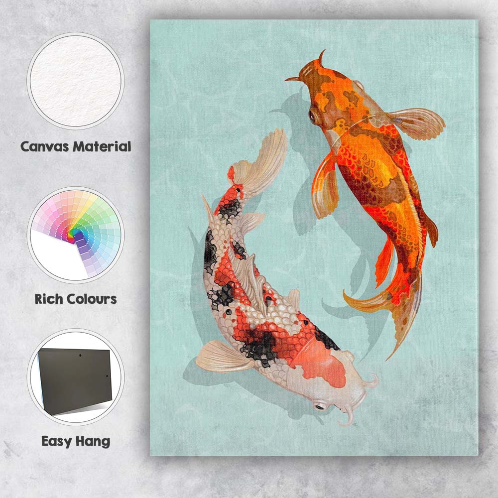 Elegant Koi Fish Pair Japanese Pond Illustration Canvas Wall Art Print Decor Picture Ready to Hang