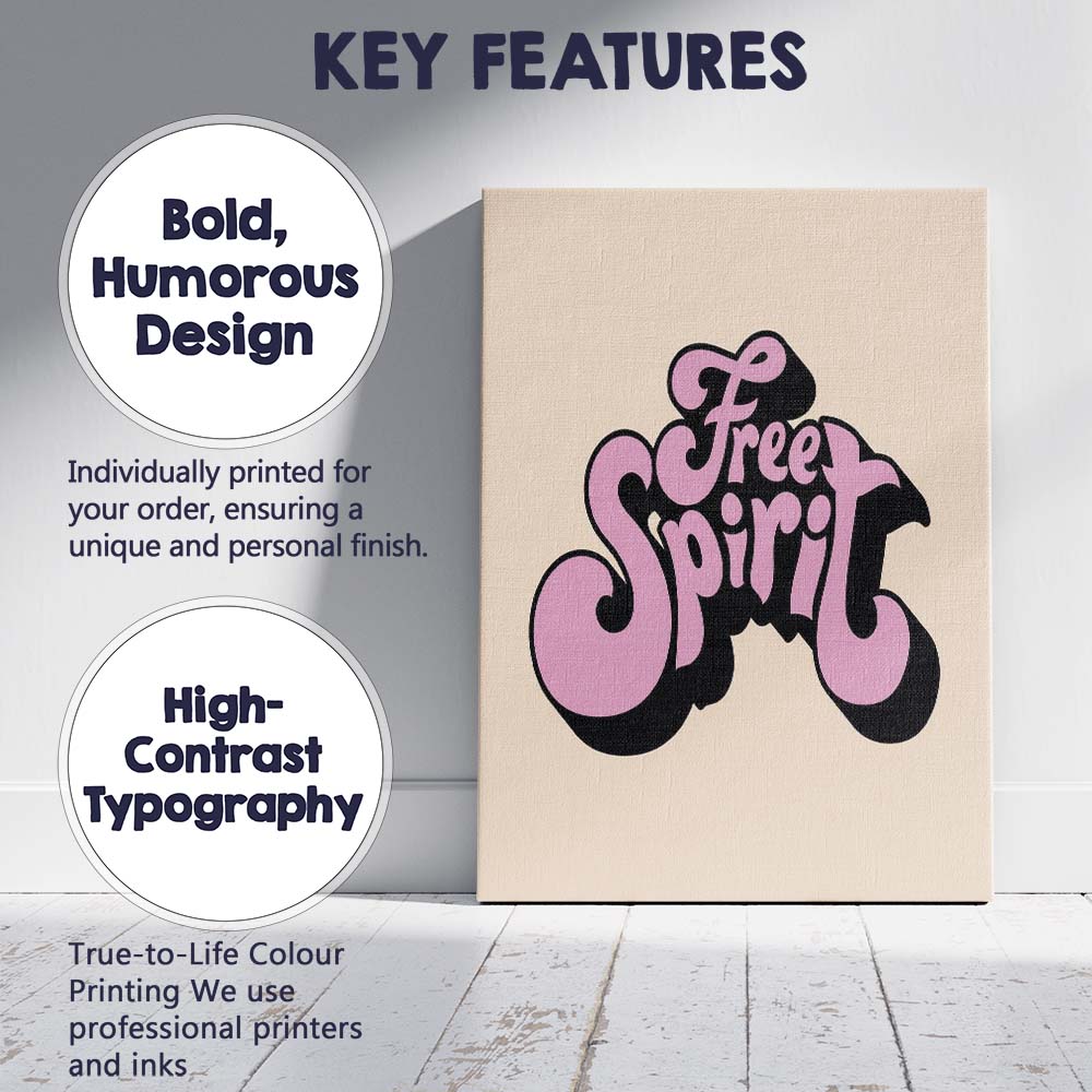 Retro Free Spirit Pink Typography Boho Quote Canvas Wall Art Print Decor Picture Ready to Hang